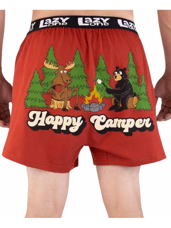 LazyOne Funny Animal Boxers, Happy Camper Red, Humorous Underwear, Gag Gifts for Men (Xlarge)
