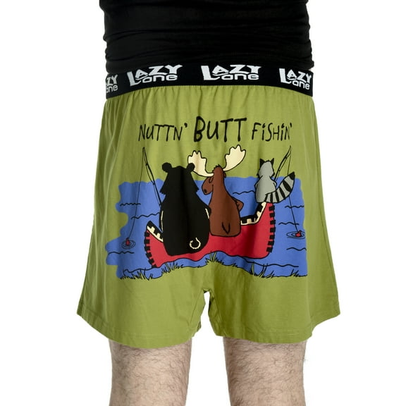 LazyOne Funny Animal Boxers, Novelty Boxer Shorts, Humorous Underwear, Gag Gifts for Men, Moose, Bear, Canoe (Nothing But Fishing, Medium)
