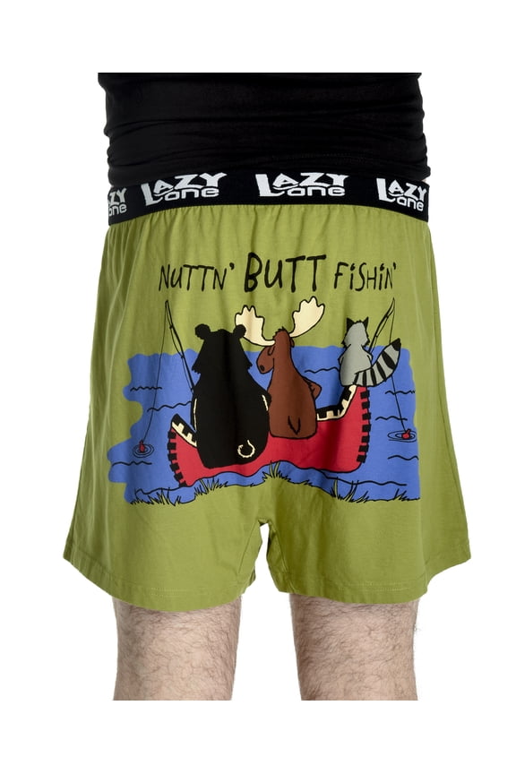LazyOne Funny Animal Boxers, Novelty Boxer Shorts, Humorous Underwear, Gag Gifts for Men, Moose, Bear, Canoe (Nothing But Fishing, Medium)