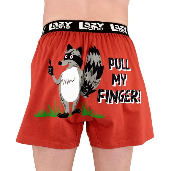 LazyOne Funny Animal Boxers, Novelty Boxer Shorts, Humorous Underwear, Gag Gifts for Men, Raccoon, Red (Pull My Finger, LARGE)
