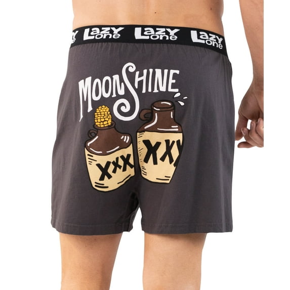 LazyOne Funny Boxers, Novelty Boxer Shorts, Humorous Underwear, Gag Gifts for Men, Drinking (Moonshine, Small)