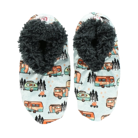 Women’s Fuzzy Slipper Socks with Grippers – Soft Microfiber Outer, Cozy Fleece Lined Indoor House Socks (Camper, L/xl)