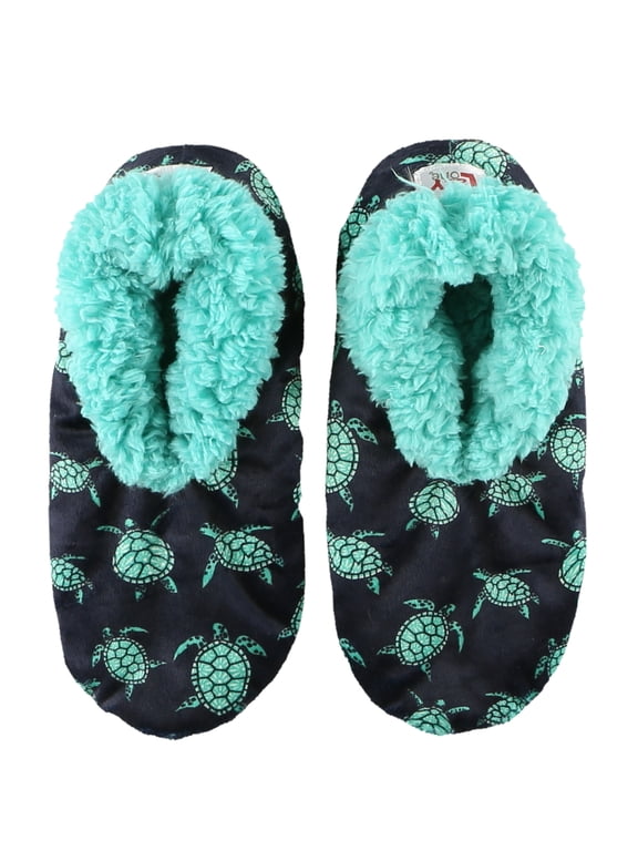 Women’s Fuzzy Slipper Socks with Grippers – Soft Microfiber Outer, Cozy Fleece Lined Indoor House Socks (Turtles, L/xl)
