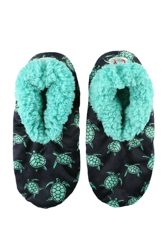 Women’s Fuzzy Slipper Socks with Grippers – Soft Microfiber Outer, Cozy Fleece Lined Indoor House Socks (Turtles, L/xl)