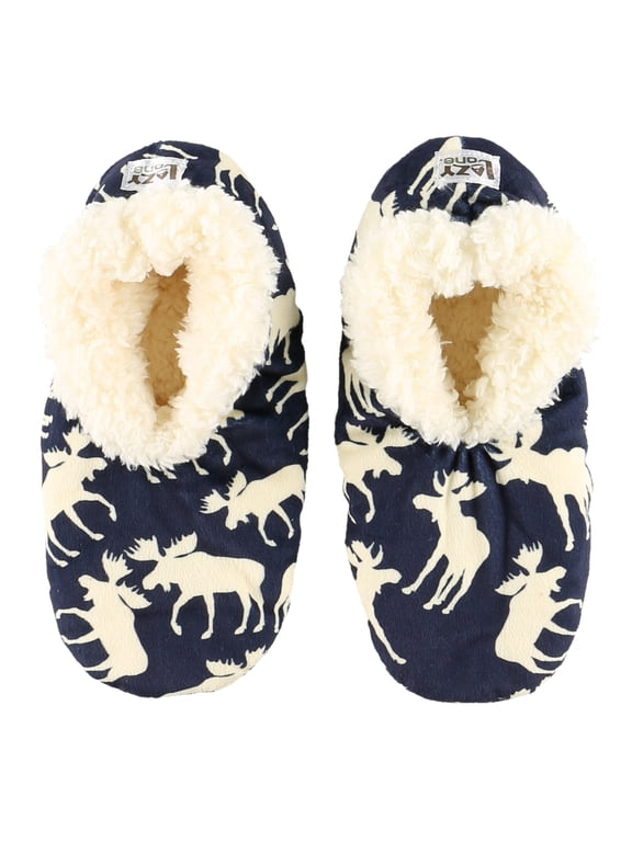 Women’s Fuzzy Slipper Socks with Grippers – Soft Microfiber Outer, Cozy Fleece Lined Indoor House Socks (Blue Moose, L/xl)