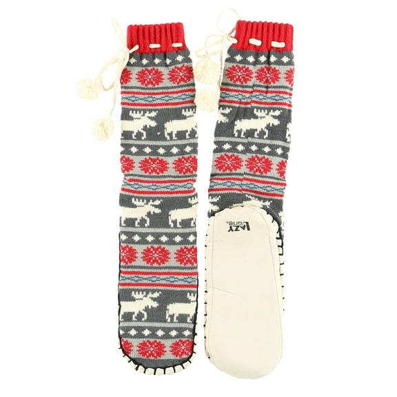 LazyOne Knitted Slipper Socks for Women, Cute Women's Clothing (Moose Fair Isle, L/XL)