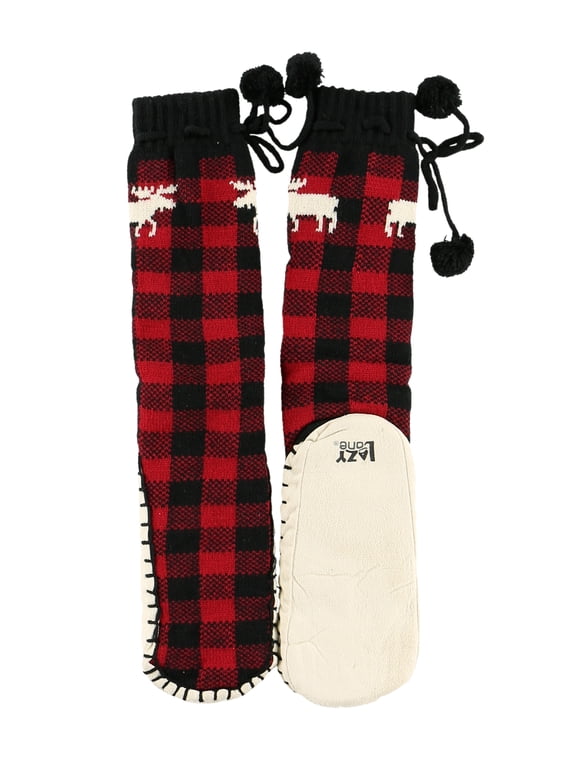 LazyOne Knitted Slipper Socks for Women, Cute Women's Clothing (Moose Plaid, S/M)