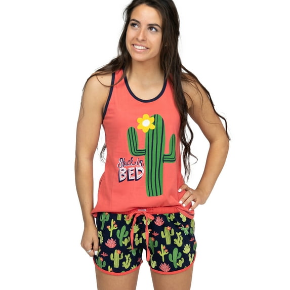 LazyOne Matching Pajamas for Women, Cute Pajama Shorts and Tank Top Set, Cactus, Succulent (Stuck In Bed, Small)
