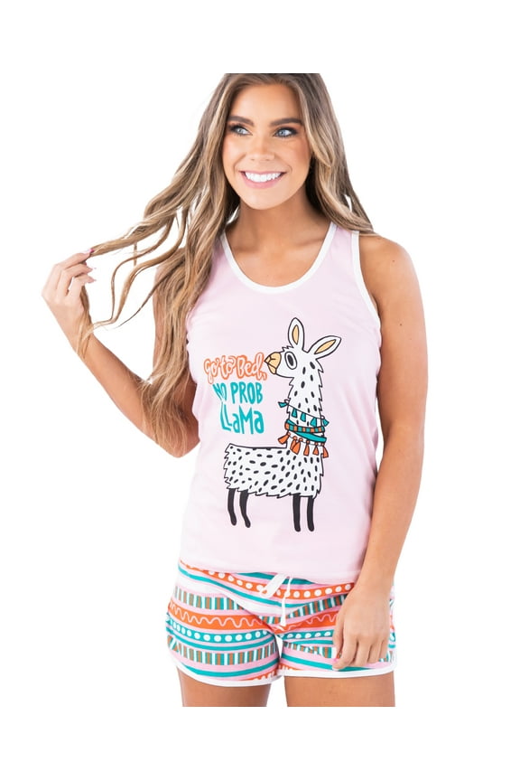 LazyOne Matching Pajamas for Women, Cute Pajama Shorts and Tank Top Set (No Probllama, Small)