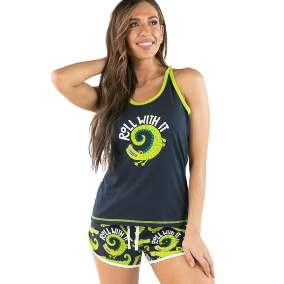 LazyOne Matching Pajamas for Women, Cute Pajama Shorts and Tank Top Set (Roll With It Alligator, Small)