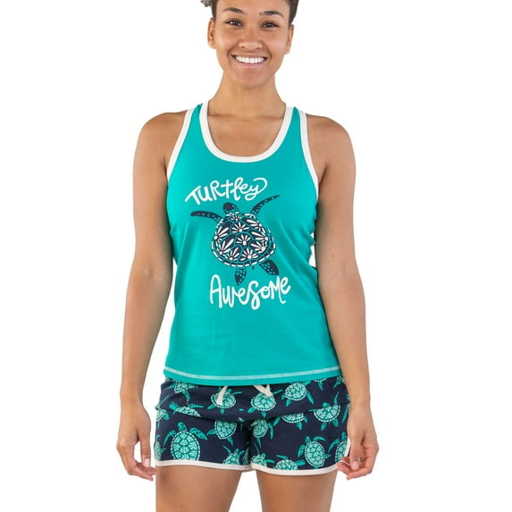 LazyOne Matching Pajamas for Women, Cute Pajama Shorts and Tank Top Set (Turtlely Awesome, Small)