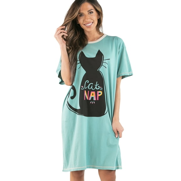LazyOne Nightshirts for Women, Animal Designs Sleepshirt (Cat Nap Blue, One Size)