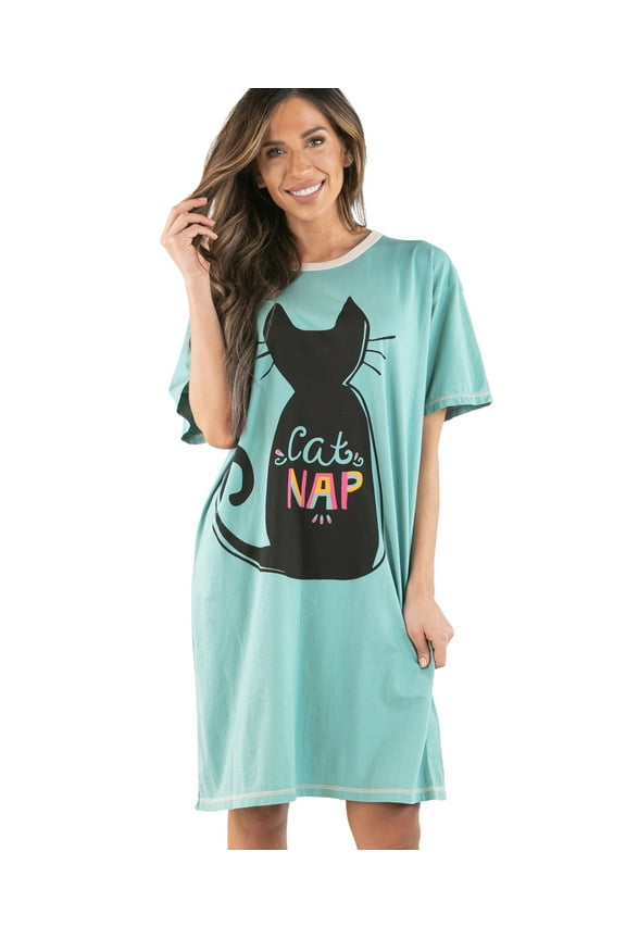 LazyOne Nightshirts for Women, Animal Designs Sleepshirt (Cat Nap Blue, One Size)
