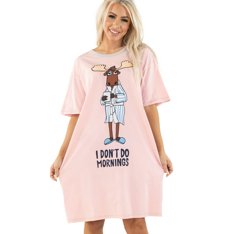 LazyOne Nightshirts for Women, Animal Designs Sleepshirts (Don\'t Do  Mornings Moose Pink, One Size)