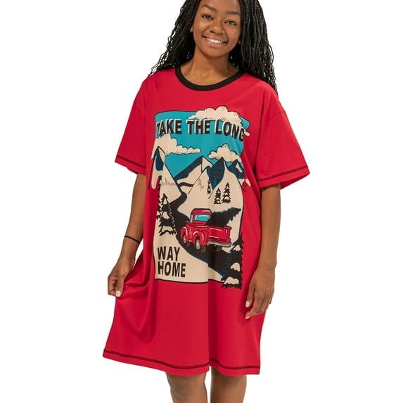LazyOne Nightshirts for Women, Truck Designs Sleepshirt, Christmas tree (Take The Long Way, XXL)