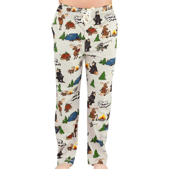 LazyOne Pajama Pants for Men, Male Pajamas, Happy Camper, Light Grey, Medium