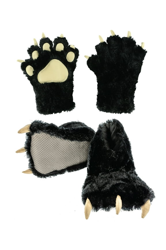 LazyOne Paw Mittens and Slippers Set, for Kids and Adults, Black Bear