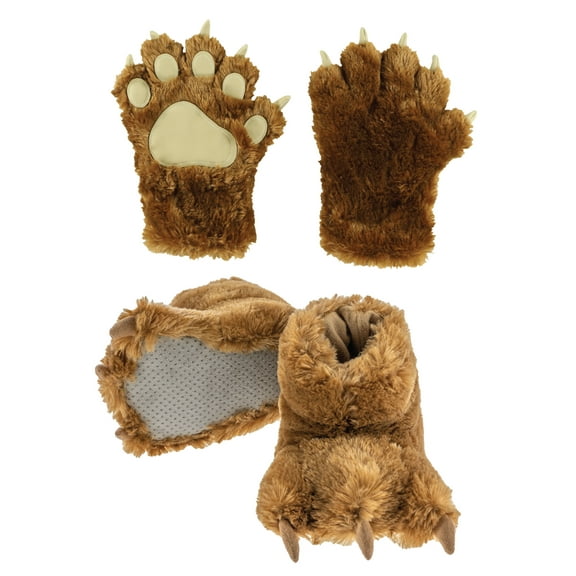 LazyOne Paw Mittens and Slippers Set, for Kids and Adults, Brown Bear