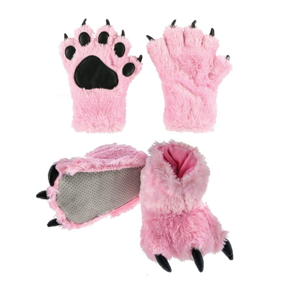 LazyOne Paw Mittens and Slippers Set, for Kids and Adults, Pink Bear