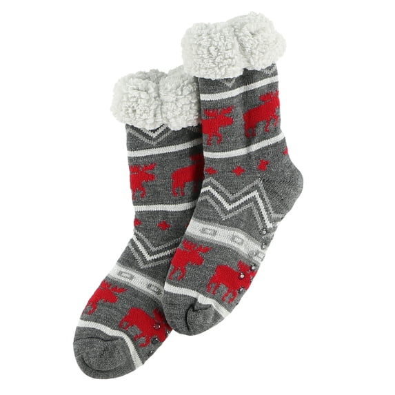 LazyOne Plush Nonskid Socks, Fuzzy Socks with Cute Designs for Women, Sherpa Fleece-Lined Socks (Cabin Moose)