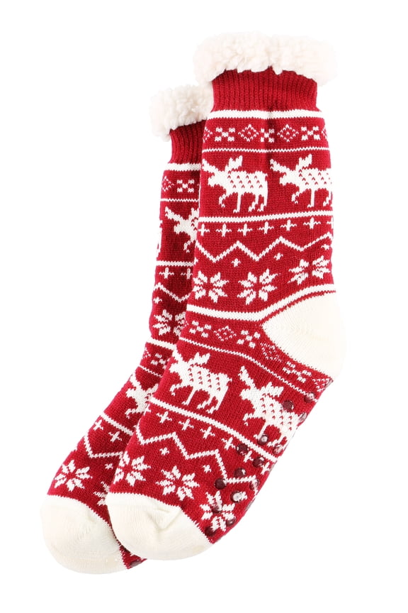 LazyOne Plush Nonskid Socks, Fuzzy Socks with Cute Designs for Women, Sherpa Fleece-Lined Socks (Nordic Moose)