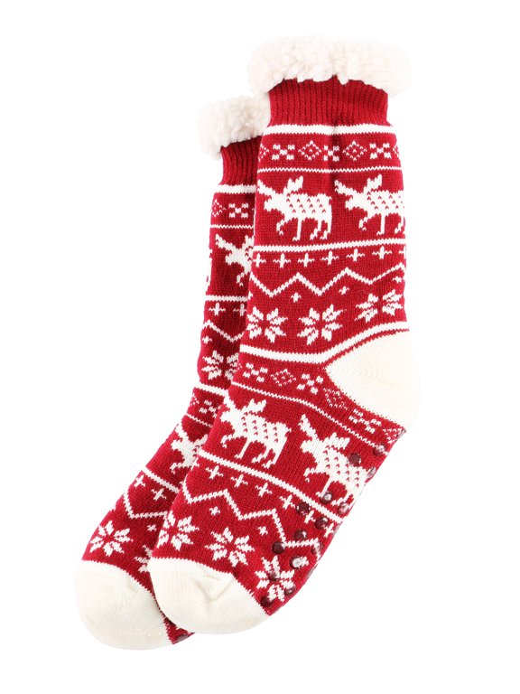LazyOne Plush Nonskid Socks, Fuzzy Socks with Cute Designs for Women, Sherpa Fleece-Lined Socks (Nordic Moose)