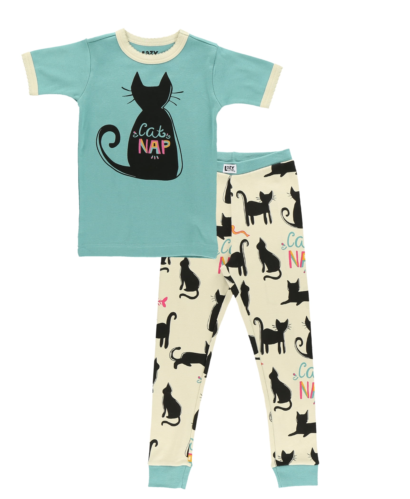 LazyOne Short Sleeve PJ Sets for Girls and Boys Cat Nap Funny Animal Kids Pajama Sets