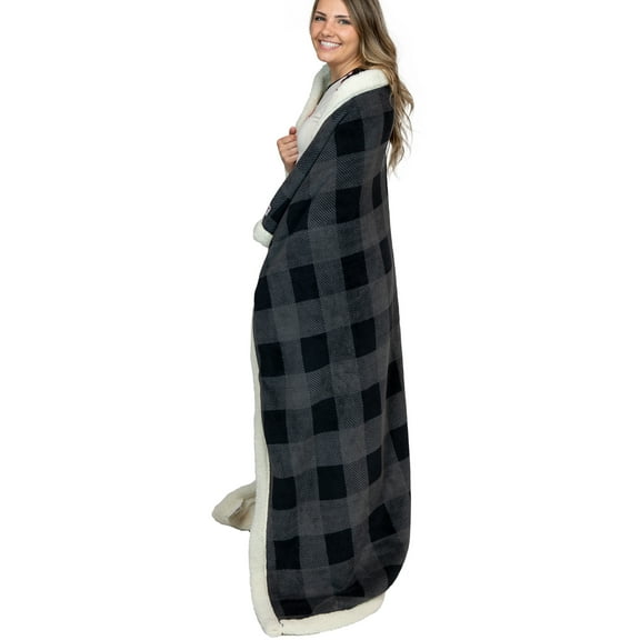 LazyOne Soft Polyester Sherpa Throw Blanket, Plaid and Animal Designs, One Size, Warm, Cozy (Grey Buffalo Plaid)