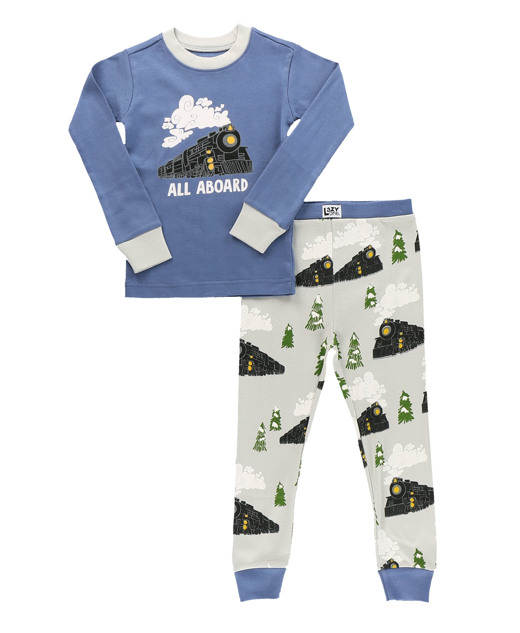 LazyOne Warm Long Sleeve PJ Sets for Girls and Boys All Aboard Blue Funny Train Kids Pajama Sets