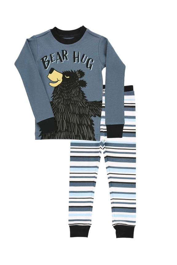 LazyOne Warm Long-Sleeve PJ Sets for Girls and Boys, Bear Hug Blue Stripe, Funny Animal Kids' Pajama Sets