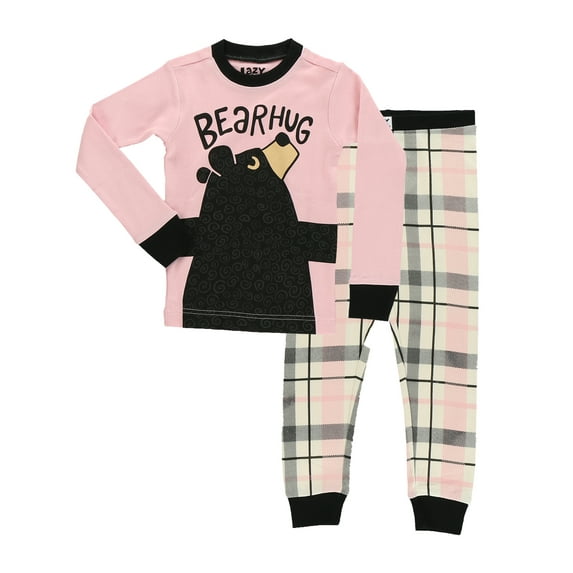 LazyOne Warm Long-Sleeve PJ Sets for Girls and Boys, Bear Hug Pink, Funny Animal Kids' Pajama Sets