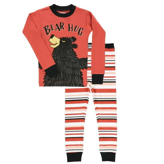 LazyOne Warm Long-Sleeve PJ Sets for Girls and Boys, Bear Hug Pink Stripe, Funny Animal Kids' Pajama Sets