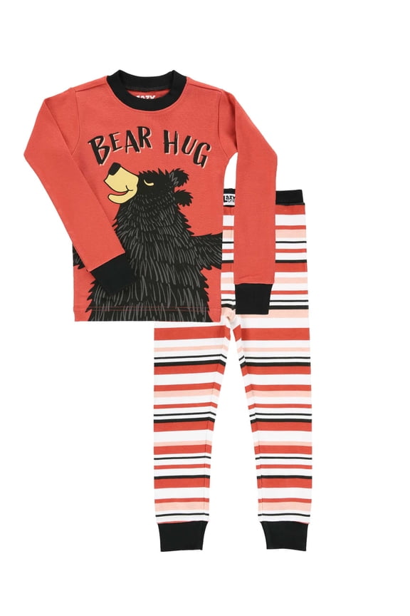 LazyOne Warm Long-Sleeve PJ Sets for Girls and Boys, Bear Hug Pink Stripe, Funny Animal Kids' Pajama Sets