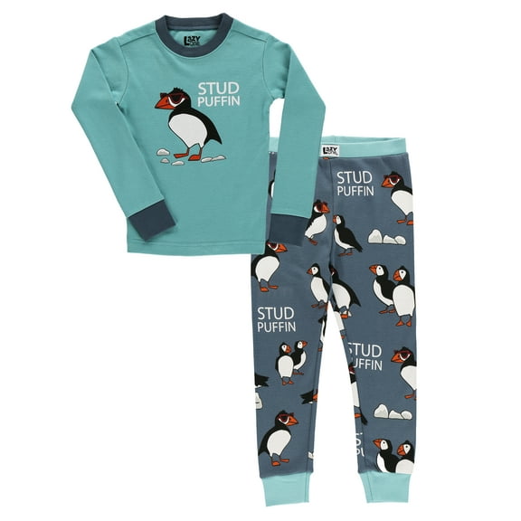 LazyOne Warm Long-Sleeve PJ Sets for Girls and Boys, Blue Stud Puffin,, Funny Animal Kids' Pajama Sets