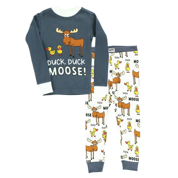 LazyOne Warm Long-Sleeve PJ Sets for Girls and Boys, Duck Duck Moose Blue, Funny Animal Kids' Pajama Sets