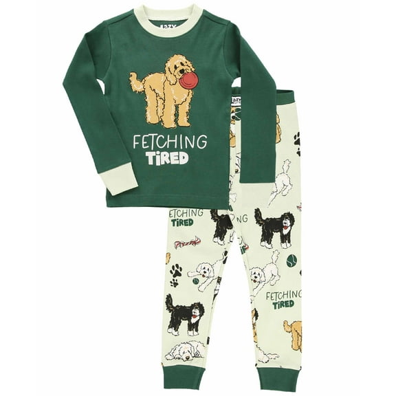 LazyOne Warm Long-Sleeve PJ Sets for Girls and Boys, Fetching Tired Doodle, Funny Animal Kids' Pajama Sets