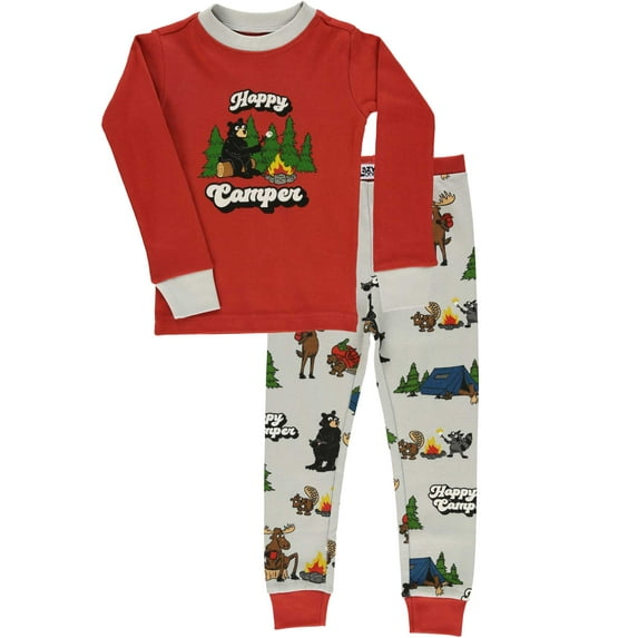 LazyOne Warm Long-Sleeve PJ Sets for Girls and Boys, Light Grey Happy Camper, Funny Animal Kids' Pajama Sets