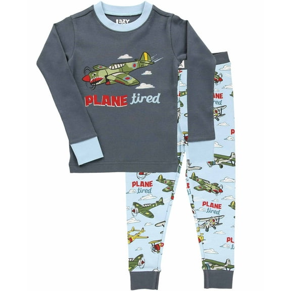 LazyOne Warm Long-Sleeve PJ Sets for Girls and Boys, Plane Tired, Funny Animal Kids' Pajama Sets