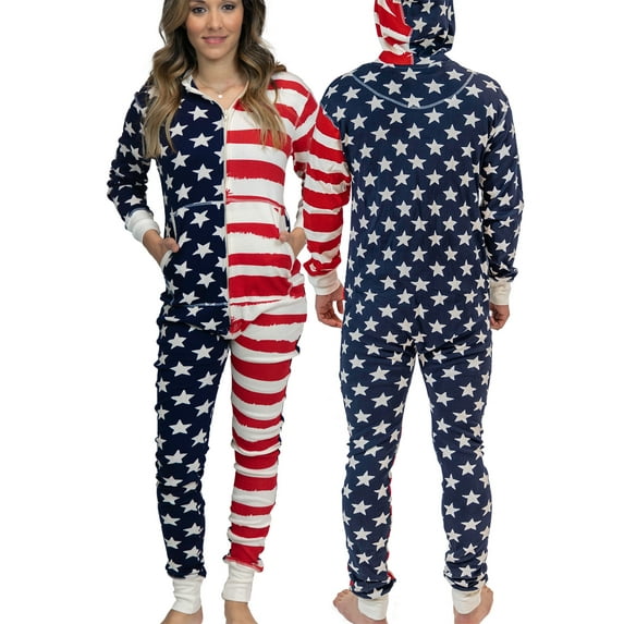 LazyOne Women's Cute Pajamas Suit, One-Piece with Hood for Women, Flag, Hoodie (America Stars And Stripes, X-SMALL)