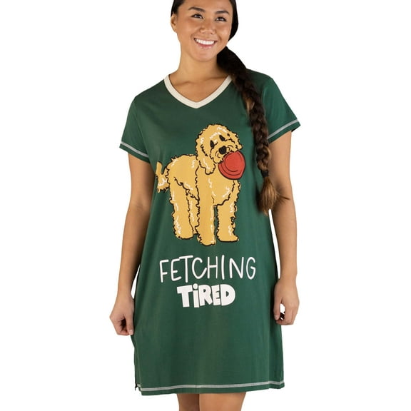 LazyOne Women's Nightgown, Funny V-Neck Sleep Shirt for Women (Dark Green Fetching Tired, L/XL)