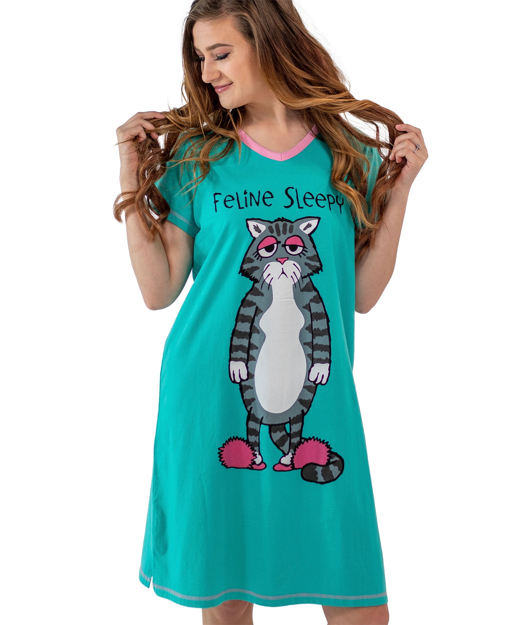 LazyOne Women's Nightgown, Funny V-Neck Sleep Shirt for Women (Feline ...