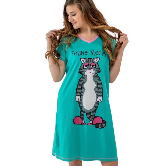 LazyOne Women's Nightgown, Funny V-Neck Sleep Shirt for Women (Feline Sleepy, S/M)