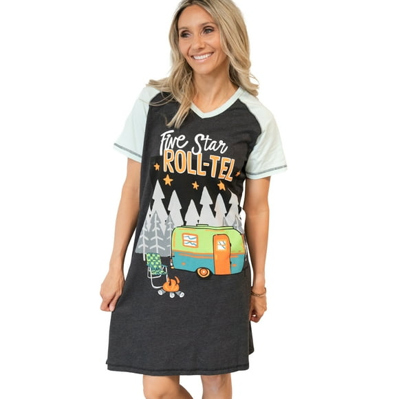 LazyOne Women's Nightgown, Funny V-Neck Sleep Shirt for Women (Five Star Roll-tel, S/M)