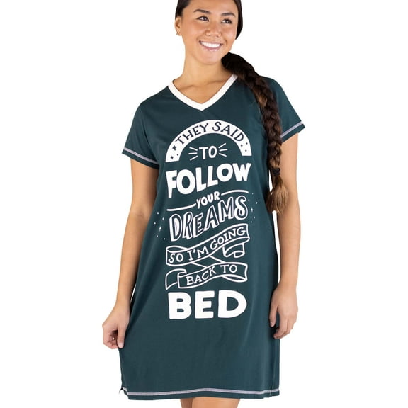 LazyOne Women's Nightgown, Funny V-Neck Sleep Shirt for Women (Follow to Bed, L/XL)