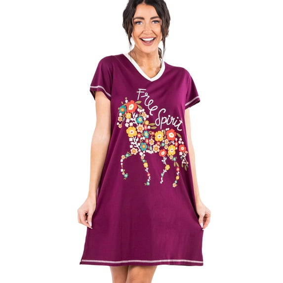 LazyOne Women's Nightgown, Funny V-Neck Sleep Shirt for Women (Free Spirit, S/M)