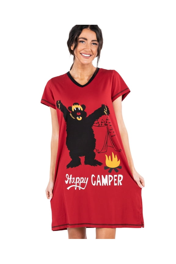 LazyOne Women's Nightgown, Funny V-Neck Sleep Shirt for Women (Happy Camper, S/M)