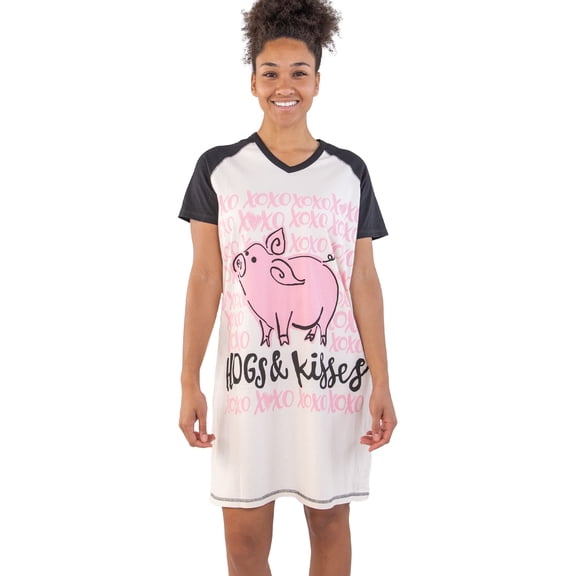 LazyOne Women's Nightgown, Funny V-Neck Sleep Shirt for Women (Hogs & Kisses, L/XL)