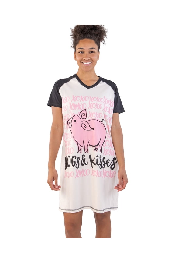LazyOne Women's Nightgown, Funny V-Neck Sleep Shirt for Women (Hogs & Kisses, L/XL)