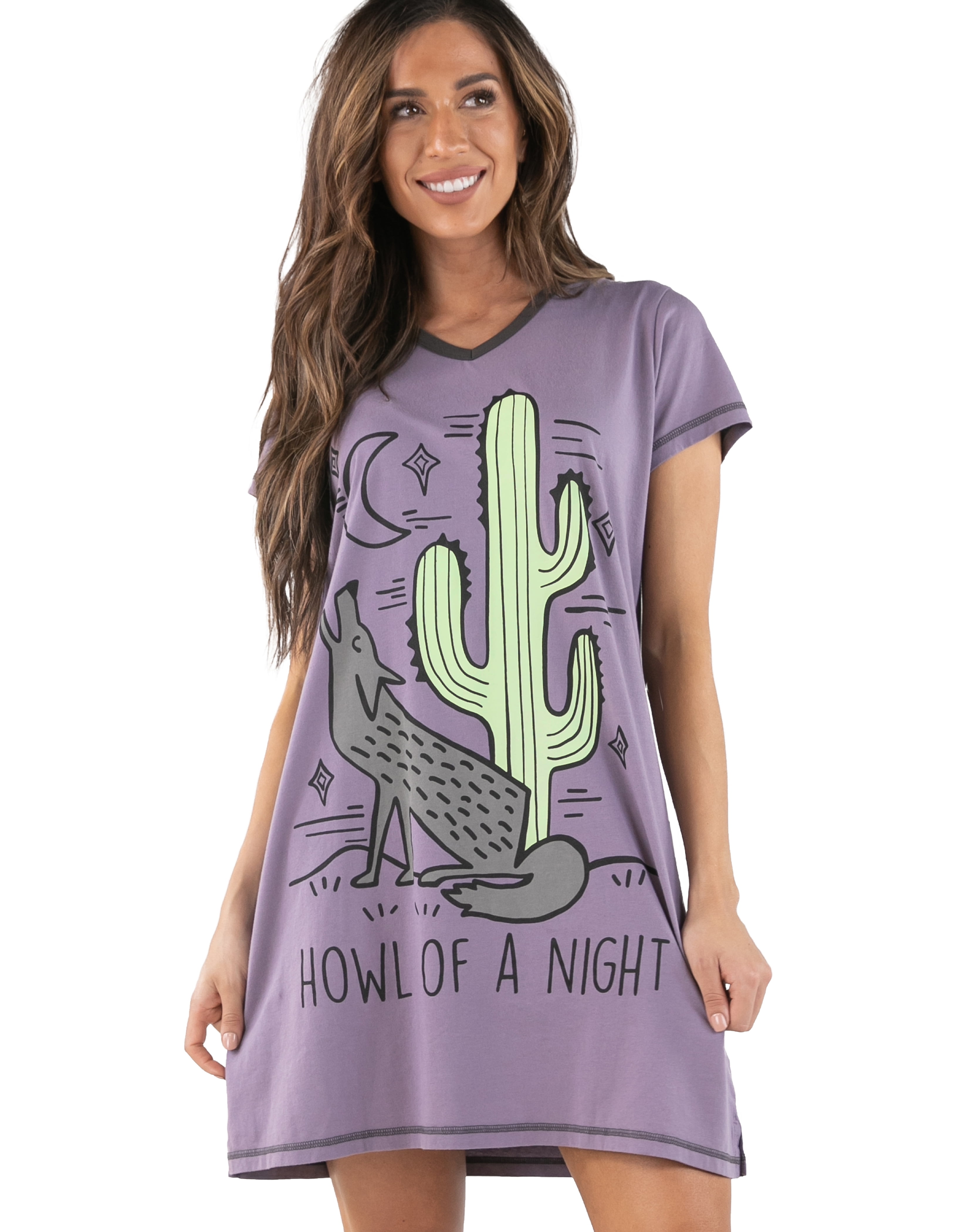 LazyOne Women s Nightgown Funny V Neck Sleep Shirt for Women Howl of a Night Purple L XL