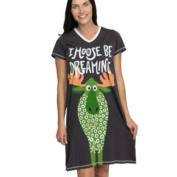 LazyOne Women's Nightgown, Funny V-Neck Sleep Shirt for Women (I Moose Be Dreaming, L/XL)